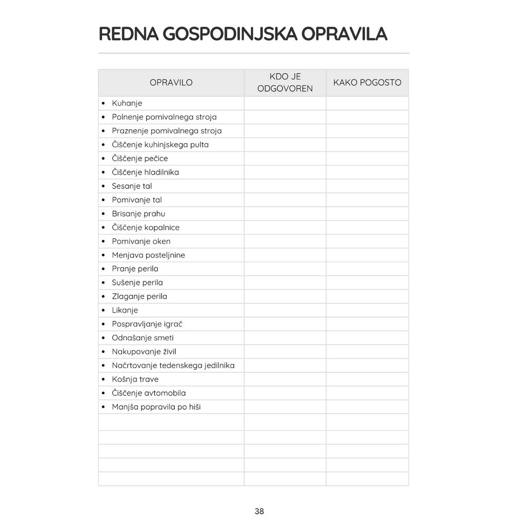 Stran Redna gospodinjska opravila iz družinskega organizatorja Urejeni dnevi za sodobne družine, tabela za razporeditev odgovornosti in pogostosti opravil