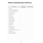 Stran Redna gospodinjska opravila iz družinskega organizatorja Urejeni dnevi za sodobne družine, tabela za razporeditev odgovornosti in pogostosti opravil