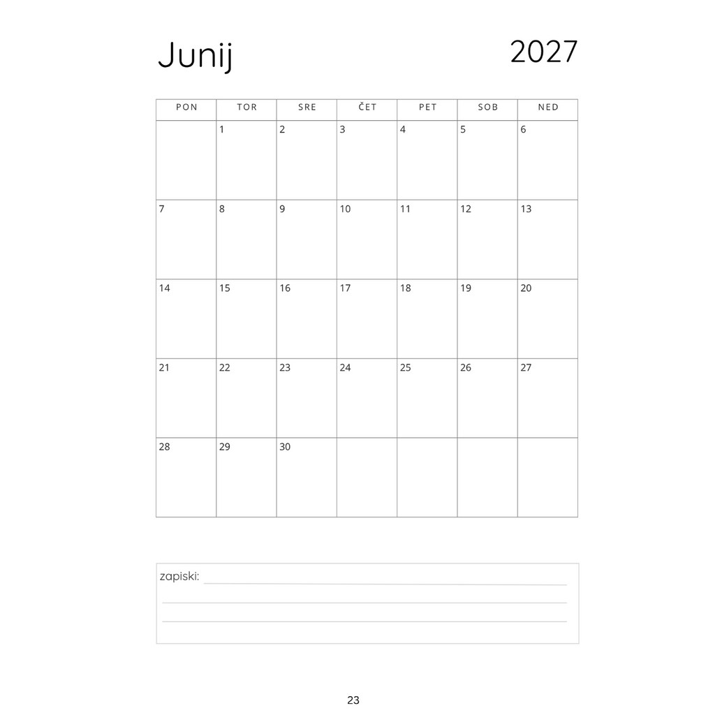 Mesečna koledarska stran junij 2027 iz družinskega organizatorja Urejeni dnevi za sodobne družine