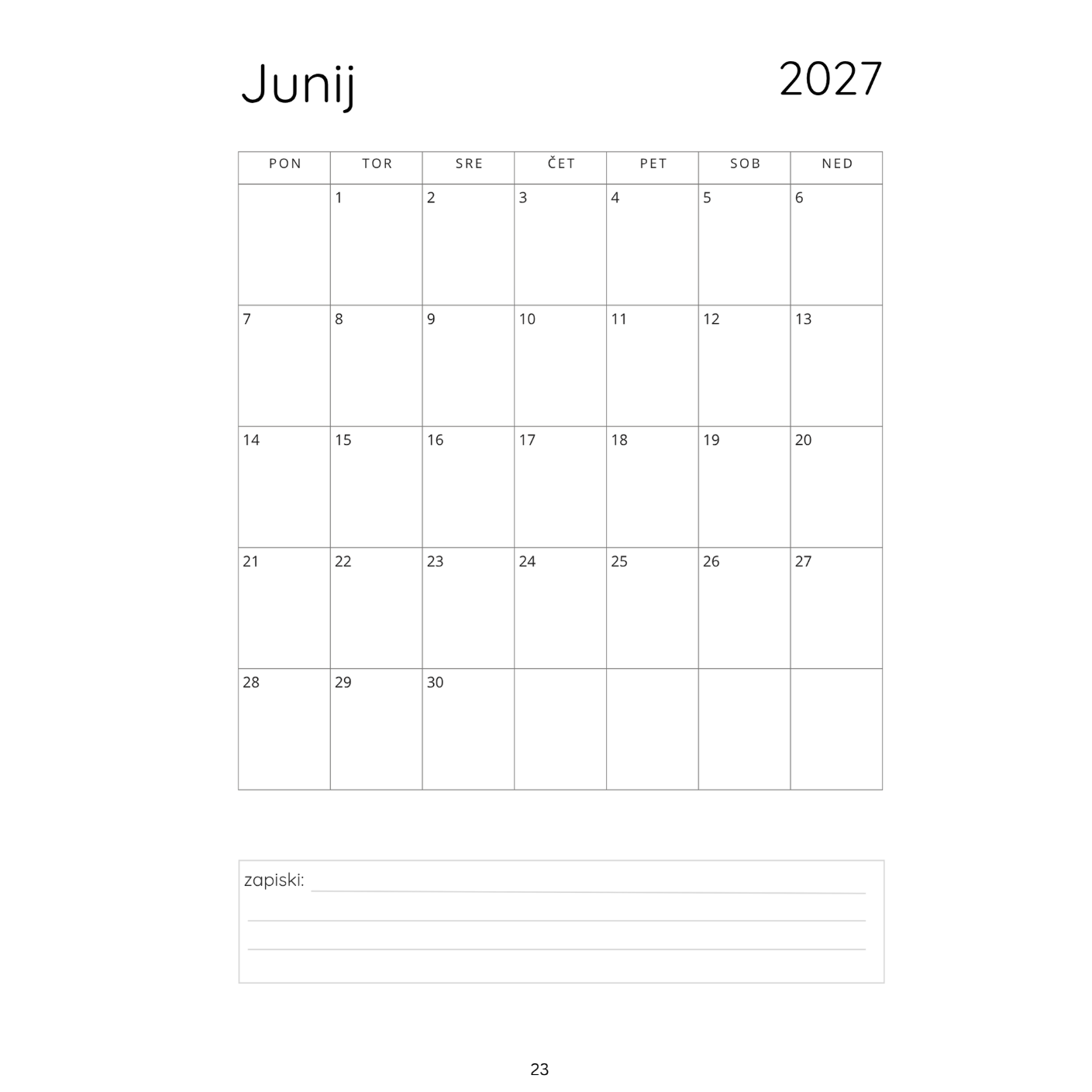 Mesečna koledarska stran junij 2027 iz družinskega organizatorja Urejeni dnevi za sodobne družine