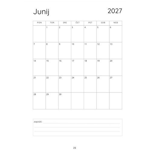 Mesečna koledarska stran junij 2027 iz družinskega organizatorja Urejeni dnevi za sodobne družine