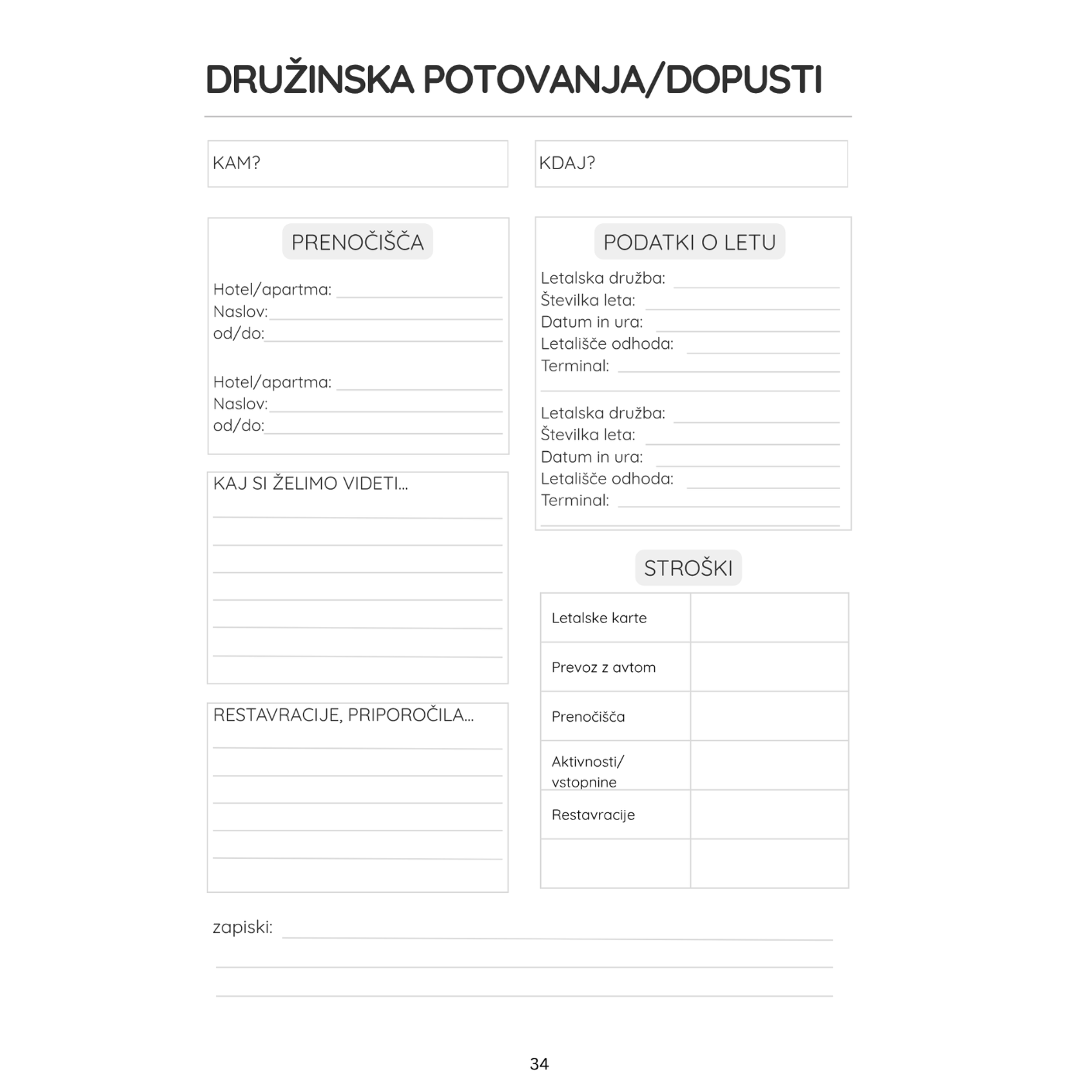 Stran za načrtovanje družinskih potovanj in dopustov iz družinskega organizatorja Urejeni dnevi za sodobne družine