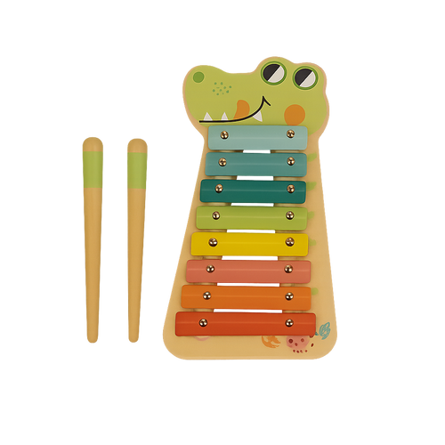 Leseni Montessori ksilofon v obliki krokodila z barvnimi kovinskimi ploščicami in lesenima palčkama za razvoj ritma in motorike