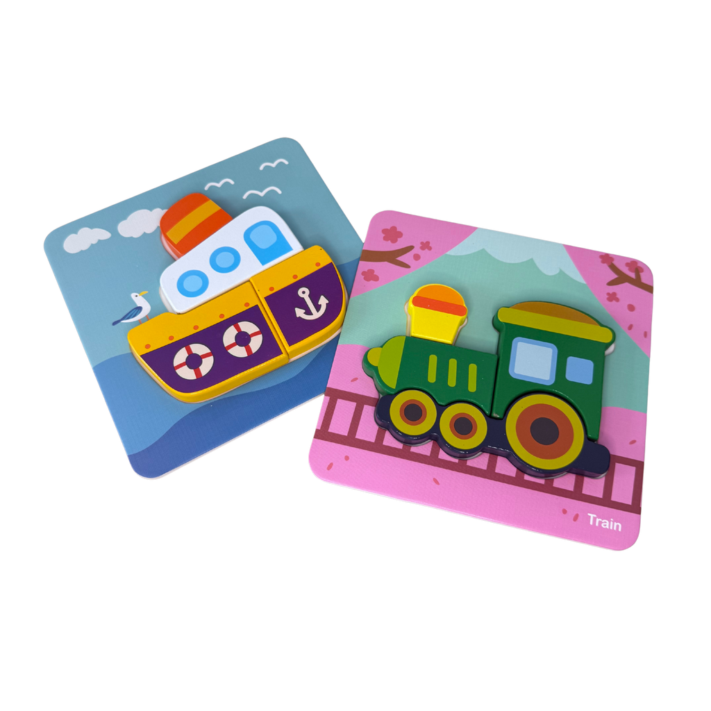 Leseni Montessori puzzle z motivi ladje in vlaka za razvoj fine motorike in prepoznavanja oblik