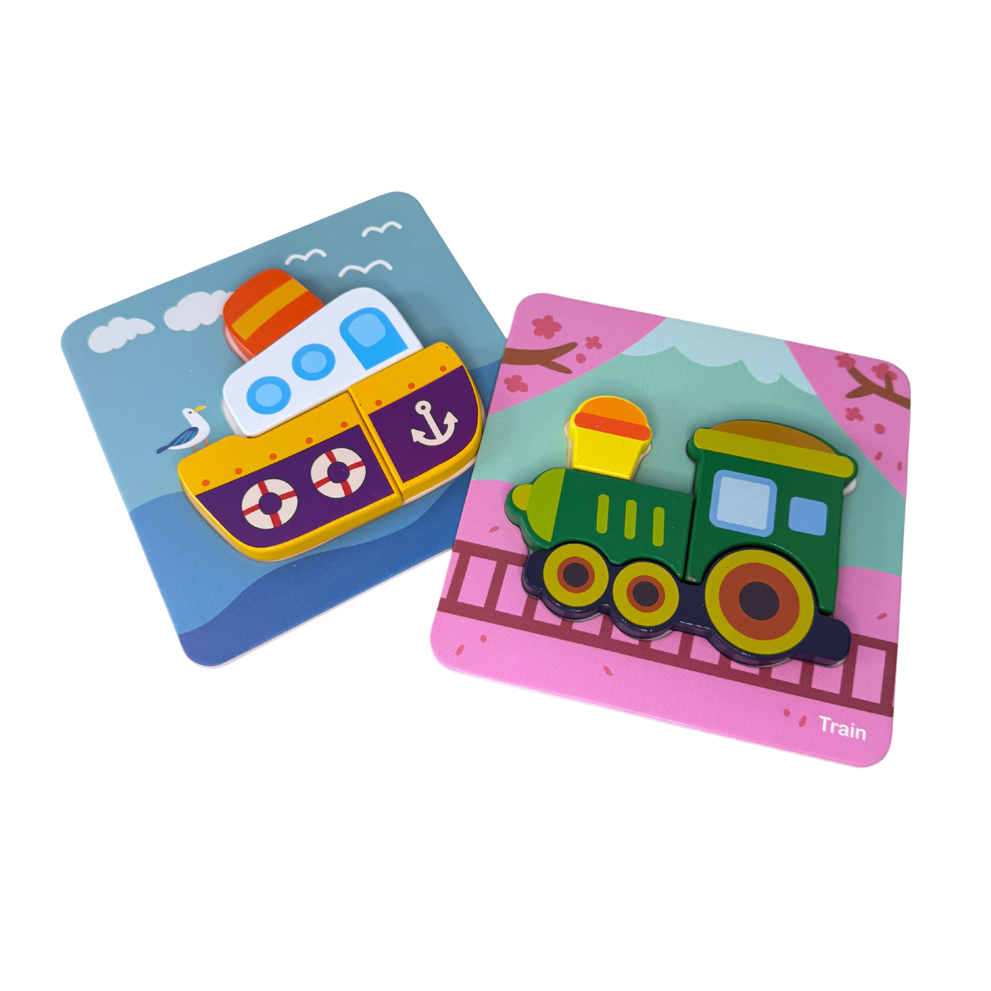 Leseni Montessori puzzle z motivi ladje in vlaka za razvoj fine motorike in prepoznavanja oblik