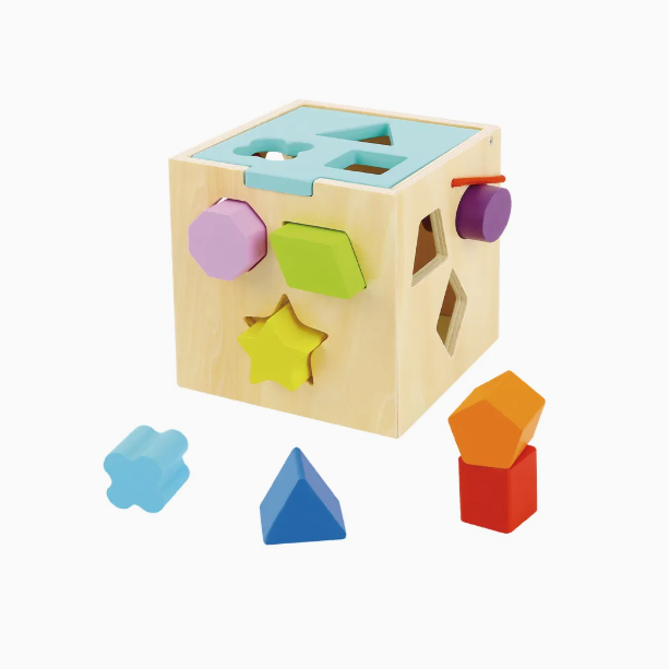 Lesena Montessori vstavljanka v obliki kocke z barvnimi geometrijskimi oblikami za razvoj fine motorike