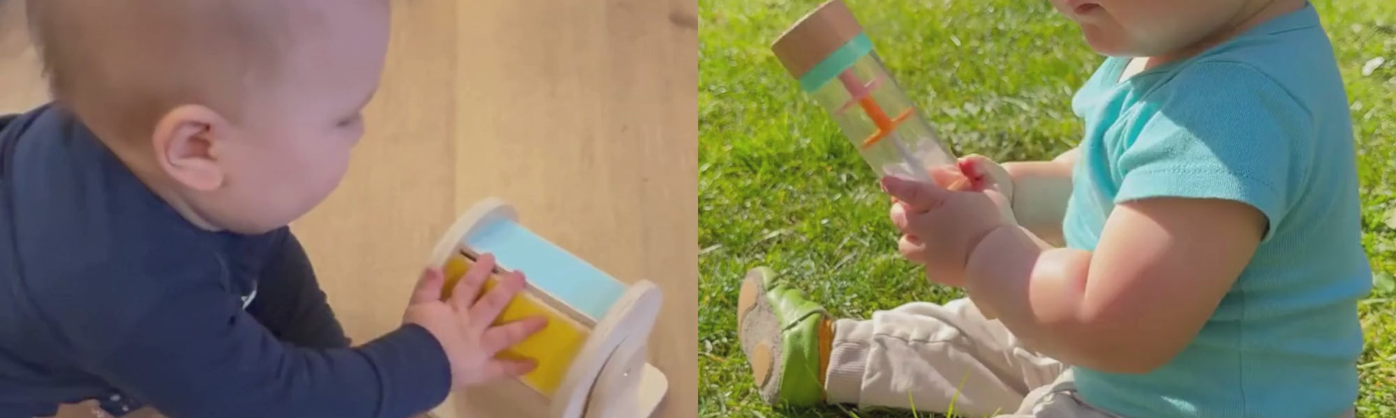 Dojenček se igra z lesenimi didaktičnimi montessori igračami